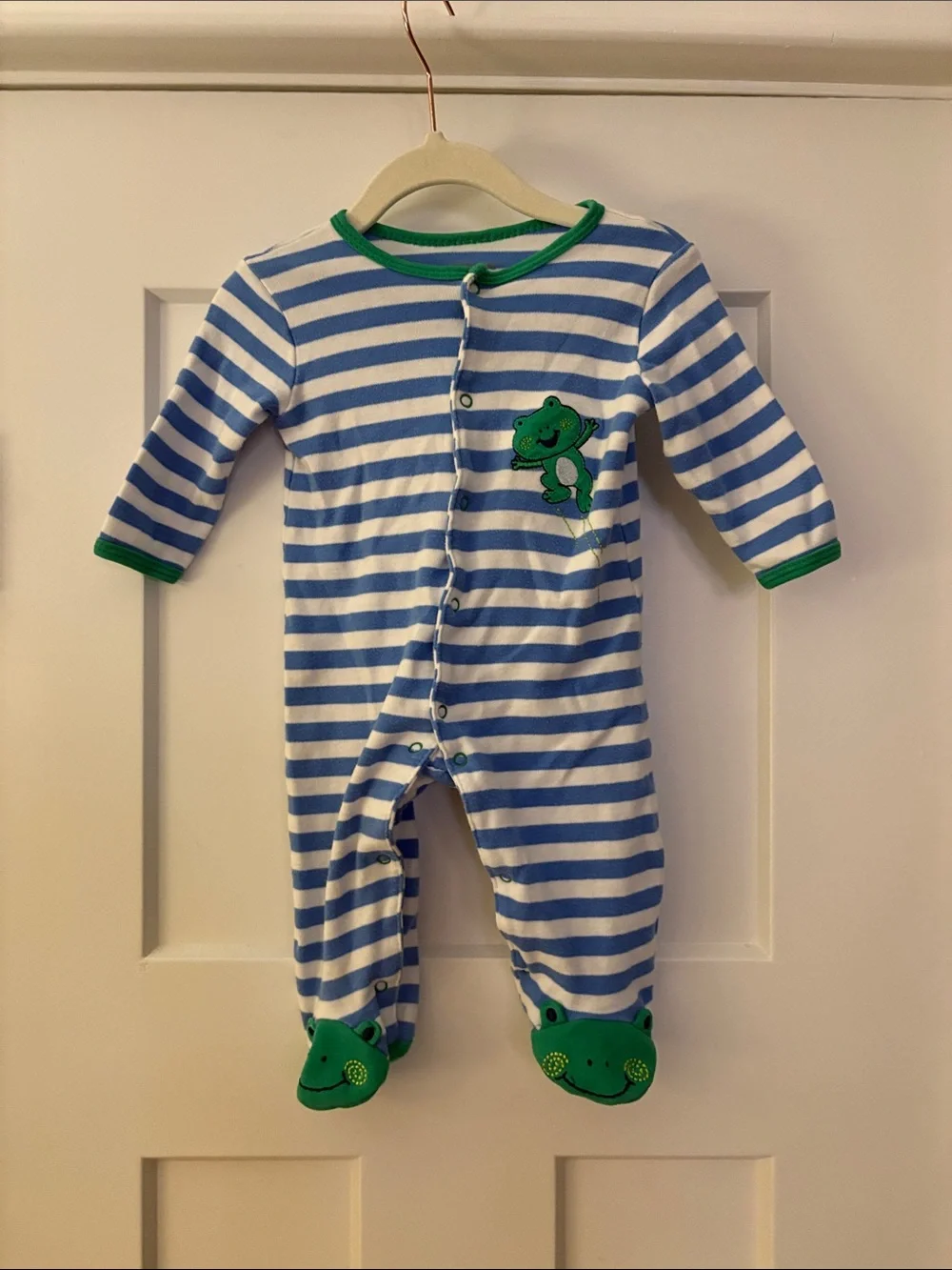 Carter’s Striped Blue & White Baby Footie with Green Frog 6 Months